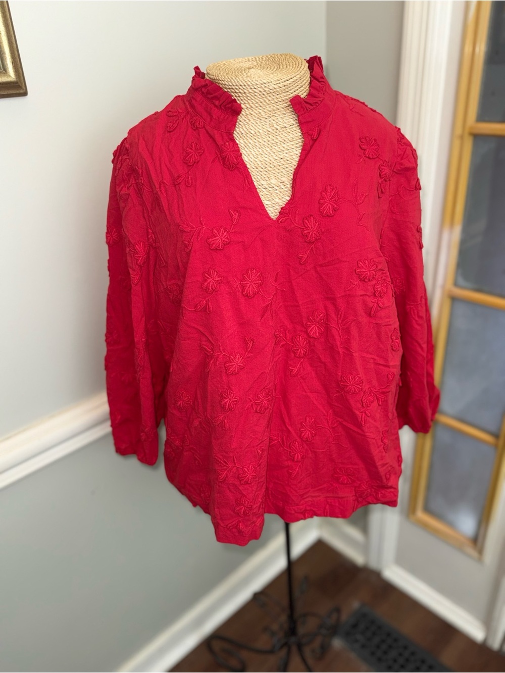 crown & ivy Red Embroidered Ruffle-Trim Tunic
